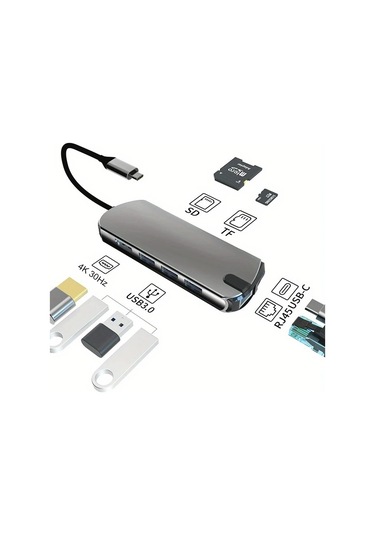 Xuweiwei 8in 1 Usb C Hub Gray 4k Hdtv Rj45 1000m Sd Tf Arayuzu 3 Usb 1 Usb C Macbook Ve Windows Notebook Uyumlu