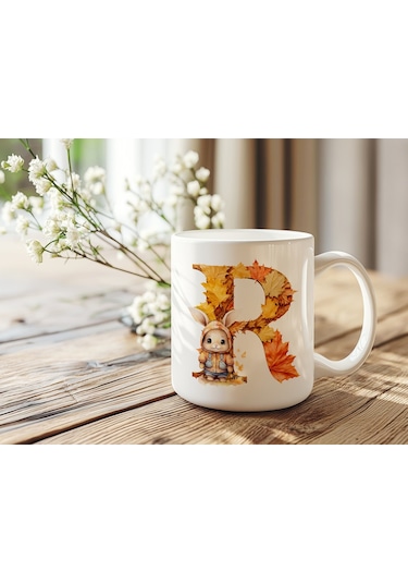 R Harf Sonbahar Yaprak Temalı Kupa Bardak - Sevimli Figürler İle Alfabe Harfli Bardak - Kişiye Özel Beyaz