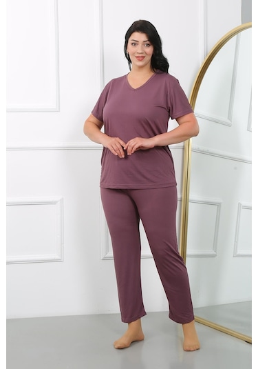 Akbeniz Kadın Büyük Beden Kısa Kol Penye Pijama Takımı Mürdüm 202405-mürdüm Mürdüm