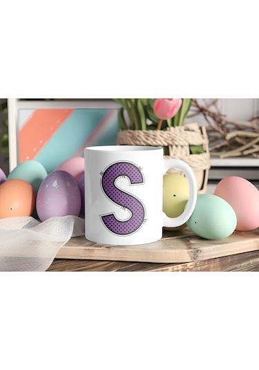 S Harfi Mor Puantiyeli Kupa Bardak - Polka Dot Tasarım Kahve Çay Bardak - Kişiye Özel Hediyelik Beyaz