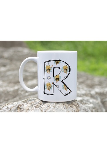 R Harfi Arı Desenli Kupa - Sevimli Hayvan Temalı Kişiye Özel Kahve Kupası - Şans Kupası Beyaz