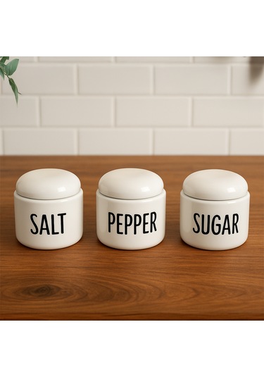 Porsima 18128 3'lü Porselen Ergonomik Baharatlık Seti Yuvarlak Formlu Baharat Takımı Beyaz Beyaz