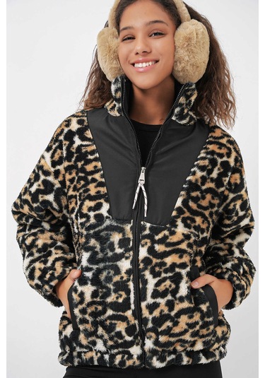 Bigdart Gabria Leopar Desen Fermuarlı Peluş Mont Siyah