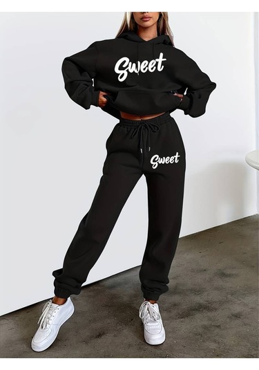 Hırsch Kadın Siyah Oversize Basic Kapüşonlu Paçası Lastikli Sweet Baskılı Pamuklu Eşofman Takımı Siyah