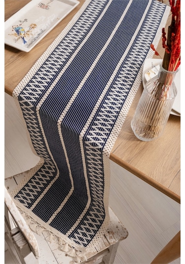 Vivamaison Pamuk Dantel Runner Masa Örtüsü 35 x 145 Lacivert