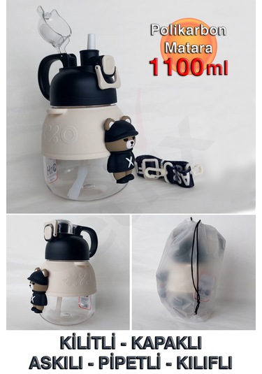 Polikarbon Figürlü Matara - 1100ml Siyah - Beyaz