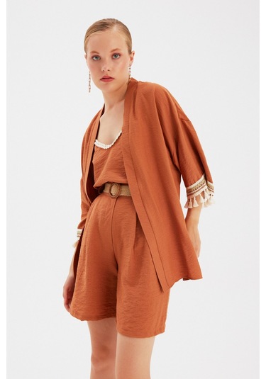 Sateen Kol Detaylı Salaş Keten Kimono - Taba