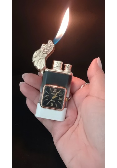 Lüks Tasarım Ejder Figürlü Roma Rakamlı Saatli Gazlı Çakmak Çok Renkli