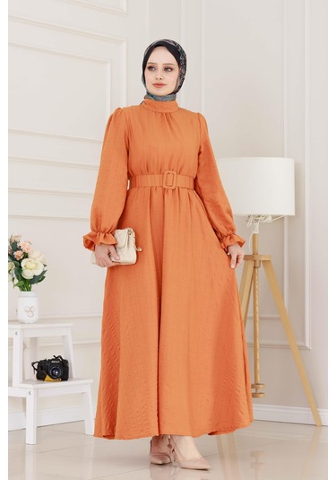 Kolu Volanlı Kemerli Henna Elbise-turuncu-5058 Turuncu