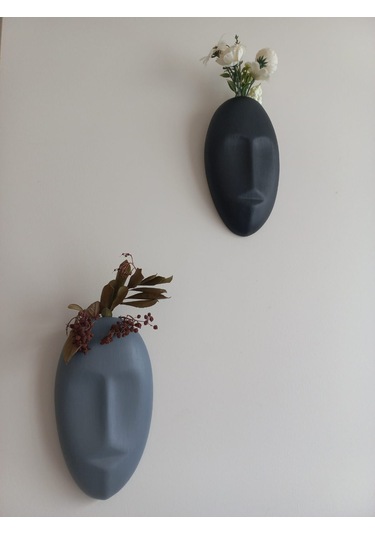 Dekoratif 2'li Yüz Duvar Vazosu, Duvar Süsü ,heykel Aksesuar Siyah Gri