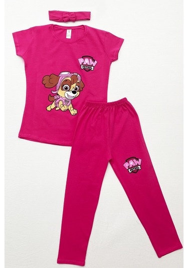 Kız Çocuk Taytlı Takım Saç Bandı Hediyeli Baskılı C64 Fuşya