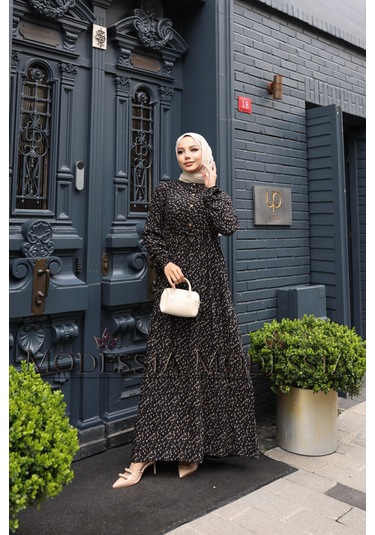 Kadın Siyah %100 Viskon Pamuklu Belden Bağlamalı Çiçek Desen Kat Kat Elbise V9539 Siyah