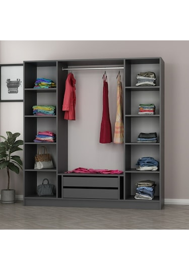 Minar Kale 4 Kapaklı 2 Aynalı 2 Çekmeceli Dolap Antrasit Dore 210cm Çok Renkli
