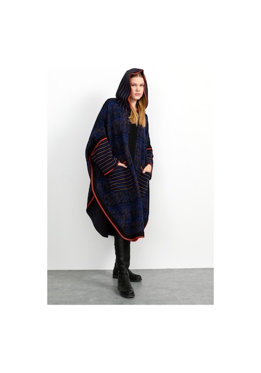 Kadın Kapüşonlu Fermuarlı Panço Siyah Siyah