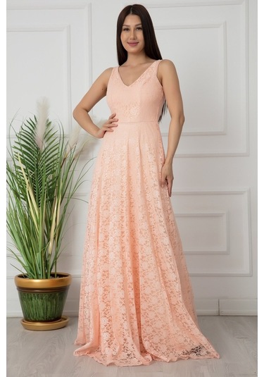 Kalopya V Yaka Dantel Uzun Abiye Elbise 13103 Pudra