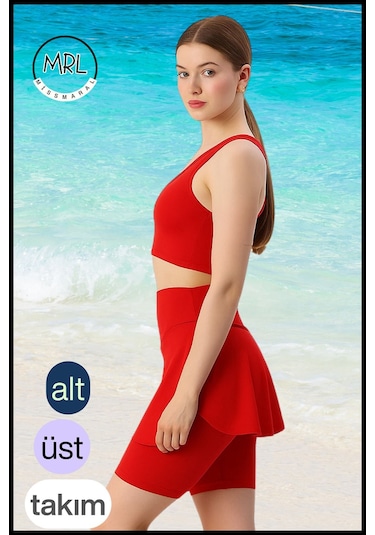 Kadın Takım Alt - Üst Biker Şort Diz Üstü &crop Bra Ped Destekli Denizde Havuzda Sporda Kırmızı Kırmızı