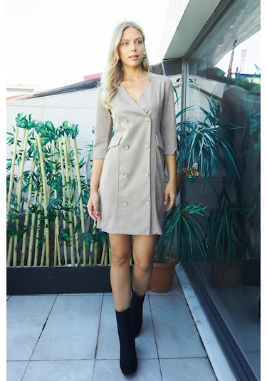 Kadın Kadife Likralı Yumuşak Dokulu Kruvaze Kapri Truvakar Kol Kolu Yırtmaçlı Ofis Ceket Elbise-bej Bej