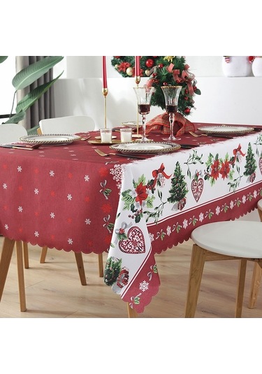 Noel Restoran Partisi İçin 150x180cm Su Geçirmez Polyester Dalgalı Kenar Dekoratif Dikdörtgen Masa Örtüsü Kırmızı Çok Renkli Çok Renkli