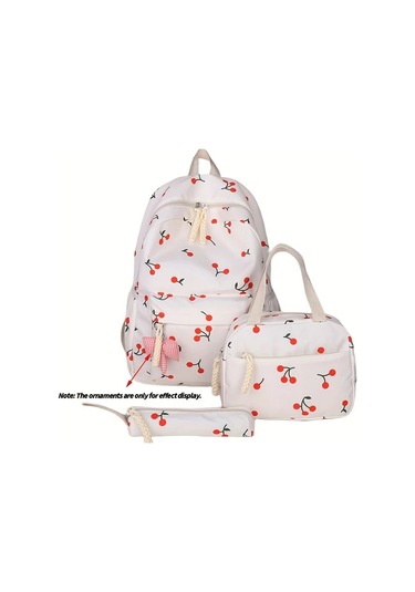 Maxaccess 3 Parça Kiraz Desenli Sırt Çantası + El Çantası + Kalem Kutusu Krem Beyaz