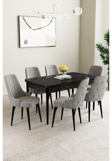 Mabel Siyah Mermer Desen 80x132 Açılabilir Yemek Odası Takımı 6 Adet Sandalye Gri