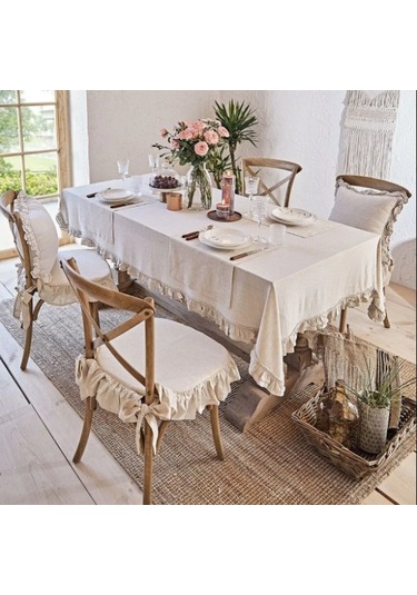 İskandinav Stil Naturel Buldan Keten Fırfırlı Bağcıklı Sandalye M