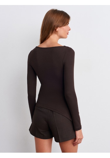 Dilvin 32198 Kayık Yaka Büzgülü Top-koyu Kahve Koyu Kahve