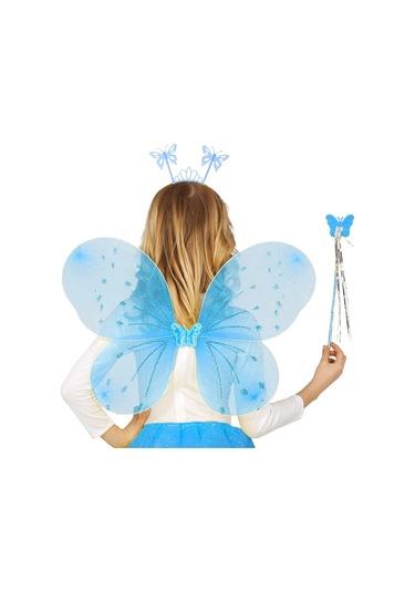 Mavi Kelebek Erkek-kız Seti - 50 Cm Kelebek Kanadı, Taç Ve Asa +3