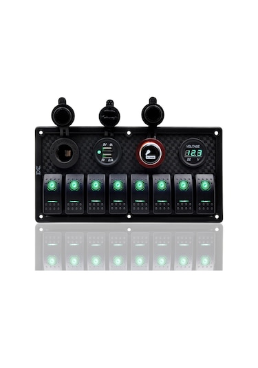 Bfy Switch Panel 8'Li +Usb+Plastik Çakmaklık+ Çakmak+ Voltmetre Yeşil