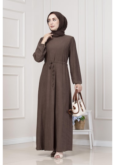 Beli Tünelli Fitilli Aslı Elbise-kahverengi-5466 Kahverengi