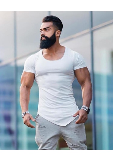 Beyaz Muscleguys Fitness Spor Tişört Kas Yelek Erkek Yüksek Elastik Eğitim Kısa Kollu Hafif Nefes Alabilen Spor Salonu Vücut Geliştirme Tişörtü Beyaz