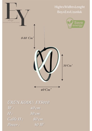 Ey Shop Siyah Venüs Model 3 Renk Led Kumandalı Avize Siyah