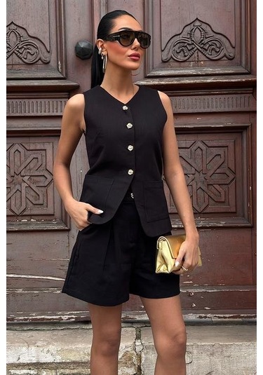 The İstanbul Gold Düğme Detaylı Yelek Şort Cotton Takım 10134-17 Siyah