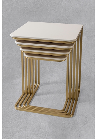 Tekerleksiz - Vegas Zigon Sehpa 4 Lü - Gold - Ekru