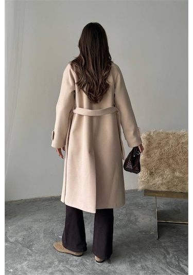 Neşeli Butik Kadın Kuşak Detaylı Astarlı Kaşe Kaban Nbg120 Bej
