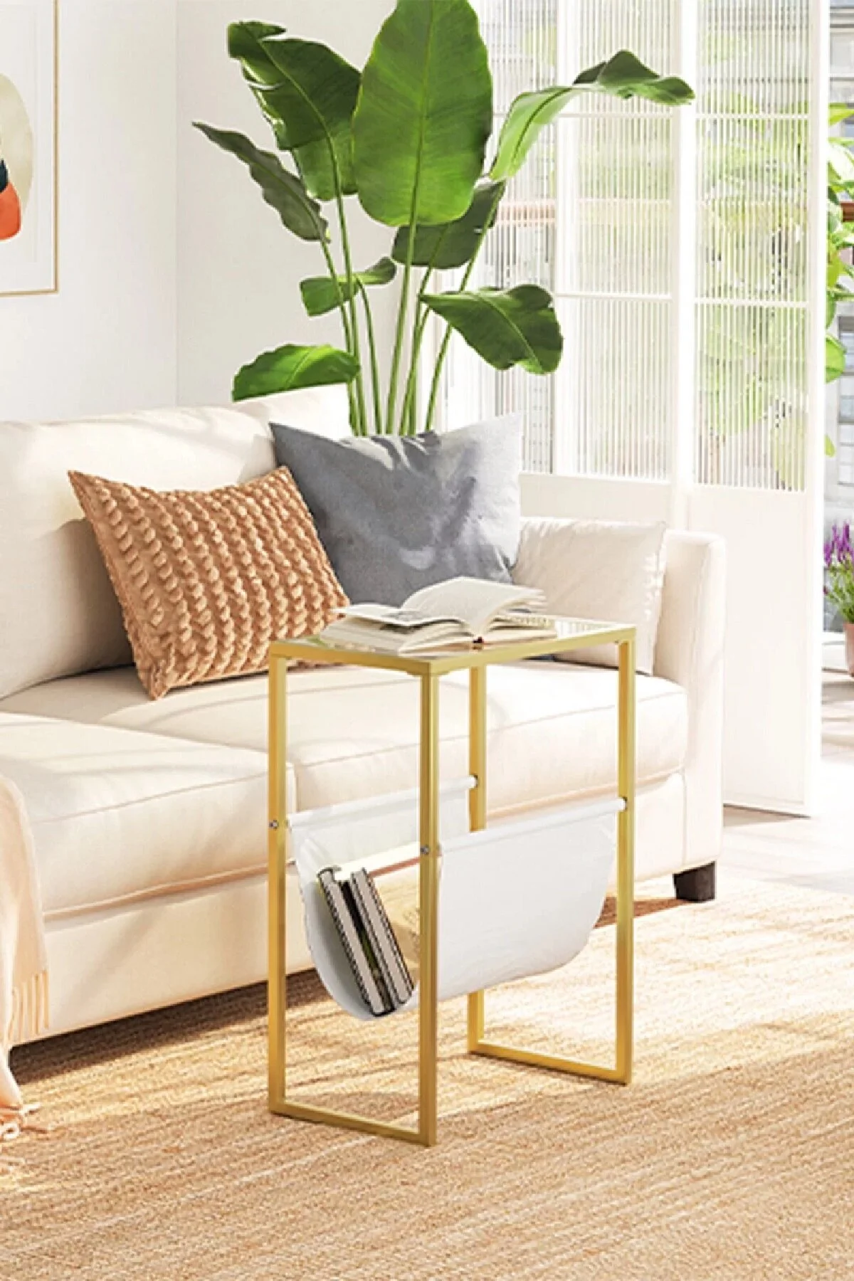 Temperli Cam Gazetelik Dergilik Yan Sehpa Koltuk Sehpası Gold-şeffaf