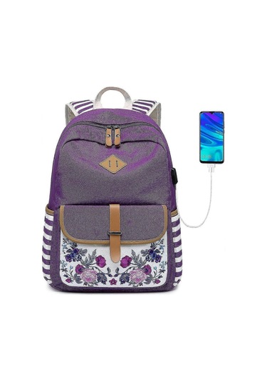 Ganzhoushop Goldwheat Kız Sırt Çantası Tuval Okul Çantası Kitap Çantası Dizüstü Bilgisayar Çantası Sırt Çantası Usb Şarj Portu İle Çok Renkli