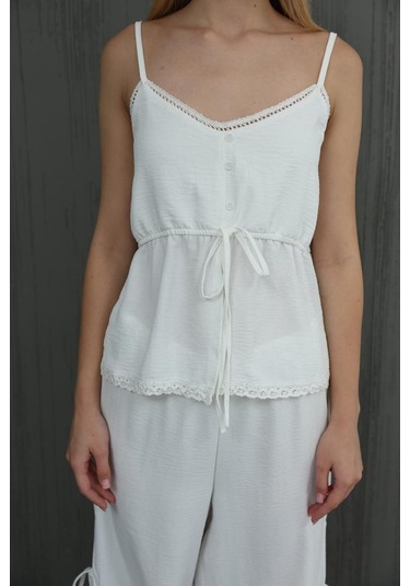 Gülsüm Aydın Fiyonklu Bluz Takım - Beyaz Beyaz