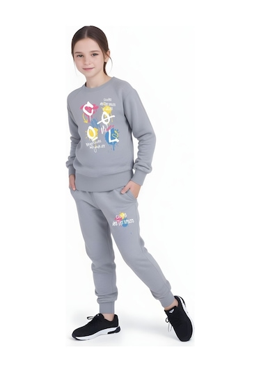 Fyk Kids 3'lü Kız Çocuk Yuvarlak Yaka Baskı Detaylı Eşofman Takımı Çok Renkli