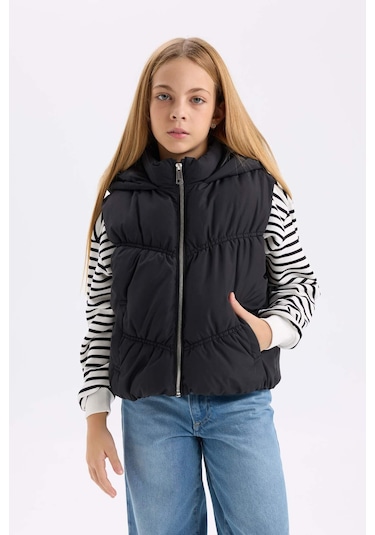 DeFacto Kız Çocuk Su İtici Kapüşonlu Fermuarlı Şişme Yelek D6918A825SPBK27
