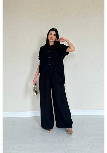 Gülsüm Aydın Siyah Önü Pileli İkili Keten Takım Siyah