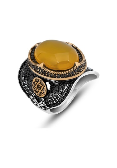 Sarı Akik Taşlı Süleyman Mührü 925 Gümüş Erkek Yüzük Beyaz