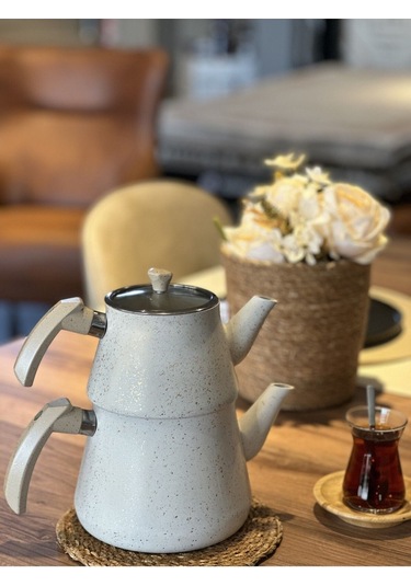 Yunusoğlu Home Granit Kaplama Pramit Cam Kapaklı Çaydanlık Krem Krem