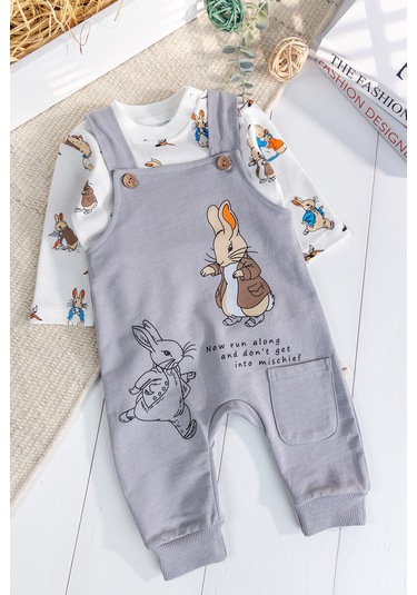 Babymod Tavşan Fiğürlü 2'li Erkek Bebek Salopet Tulum Gri