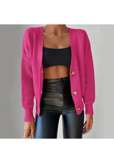 Saklımoda Kadın Uzun Kollu Düğme Detay Triko Bluz Pembe