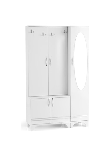 Rüya Aynalı Askılıklı Raflı Ayakkabılık Portmanto 112x35x190cm Beyaz