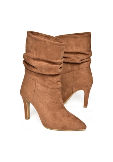 Fox Shoes R404020302 Taba Süet İnce Topuklu Büzgülü Kadın Bot Taba