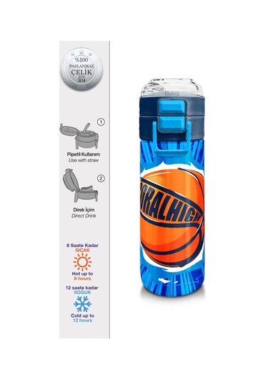 Coral High Kids Lacivert Mavi Basketbol Desenli Pipetli Ve Direkt İçim Çelik Termos 500 Ml 31833 Mavi