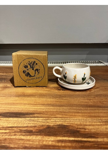 Dal Papatya Desenli Tabakl Seramik Kupa, Mug, Double Türk Kahvesi
