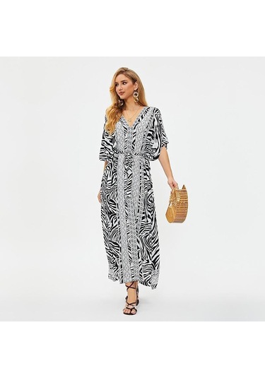 Edolynsa Plaj Cover Up Tunikler Plaj Baskı Şifon Uzun Kaftan Bikini Cover Up Robe De Plage Sarong Plaj Wrap Mayo Coverup Q1510 Beyaz