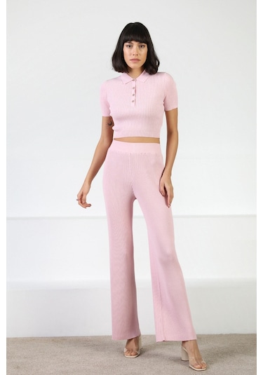 Ferraro Pembe Kadın Polo Yaka Kısa Kol Fitilli Viskon Triko Bluz Pembe